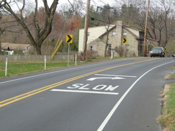 image of the words slow painted on roadway