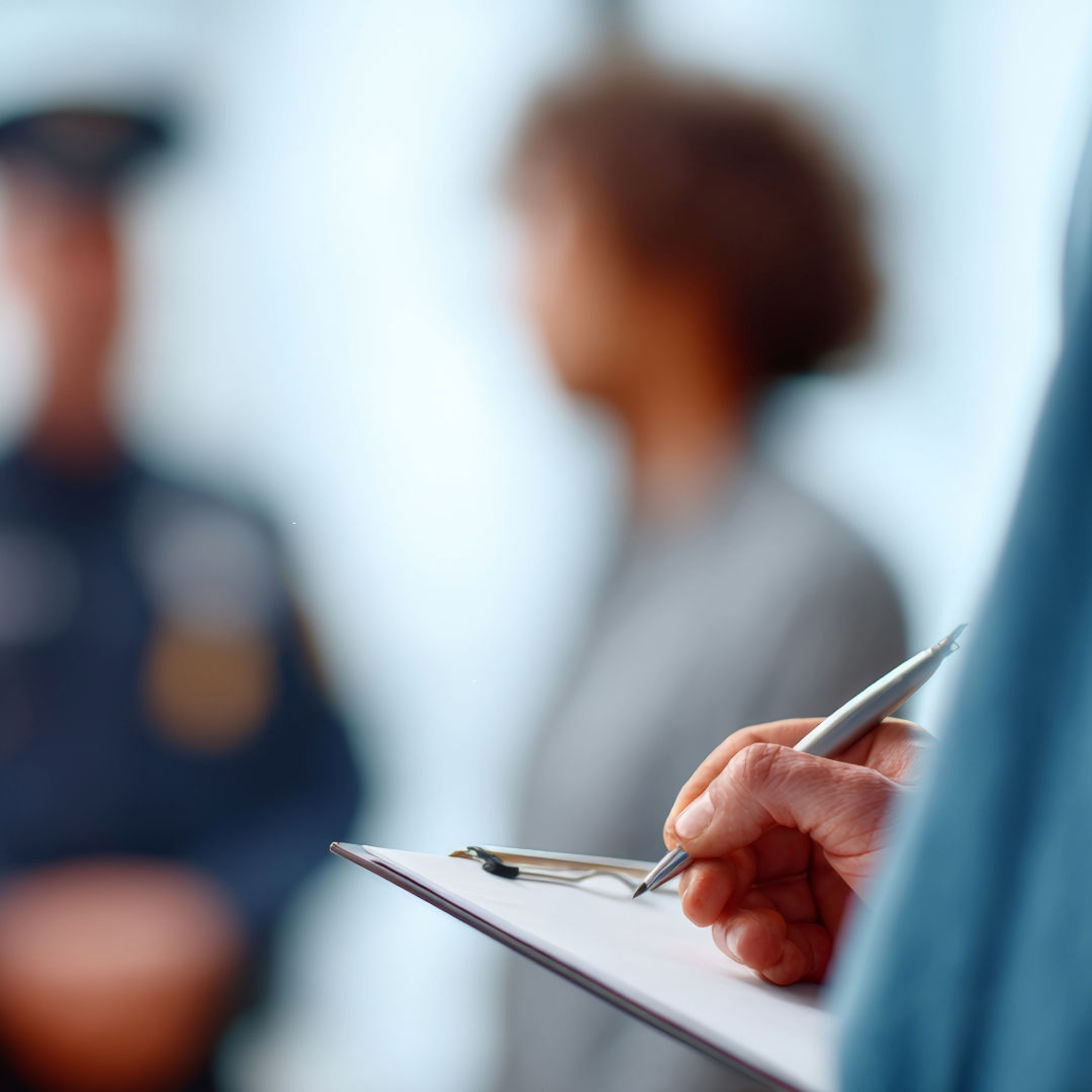 A person holds a clipboard and pen in the foreground while two people, including a law enforcement officer, are softly blurred in the background, symbolizing a safe and confidential moment to seek help or report human trafficking.