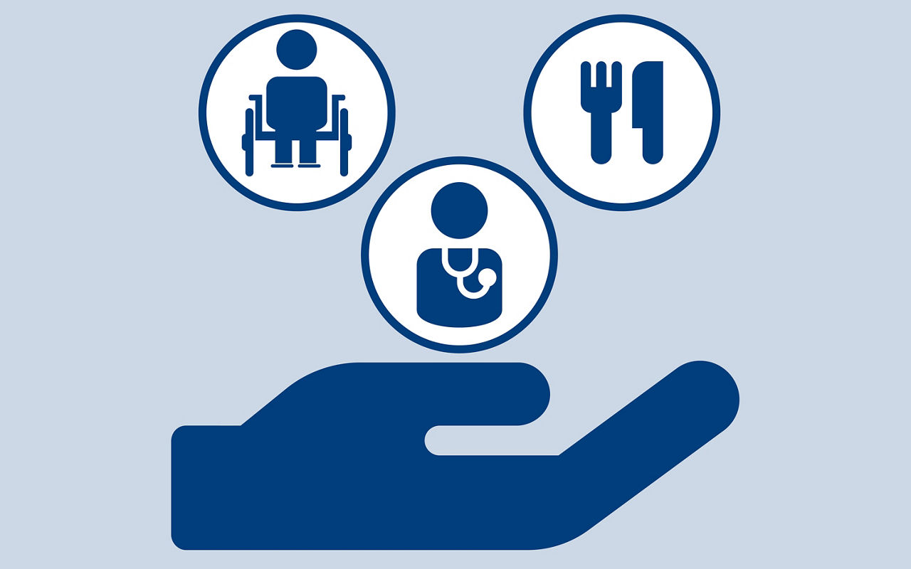 big hand holding person in wheelchair, medical person, and utencils