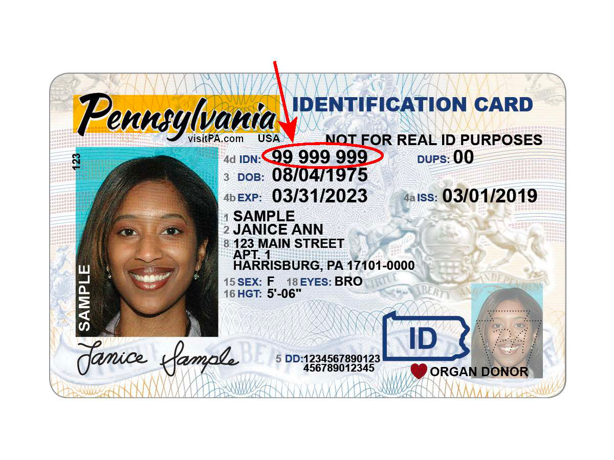 image of photo id card with red arrow and circle calling out the location of the photo id number