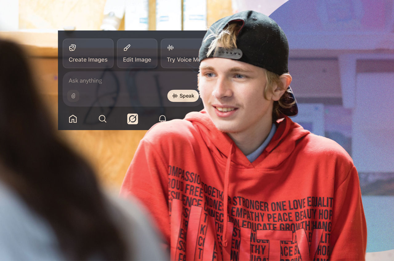young man with grok prompt screen behind him