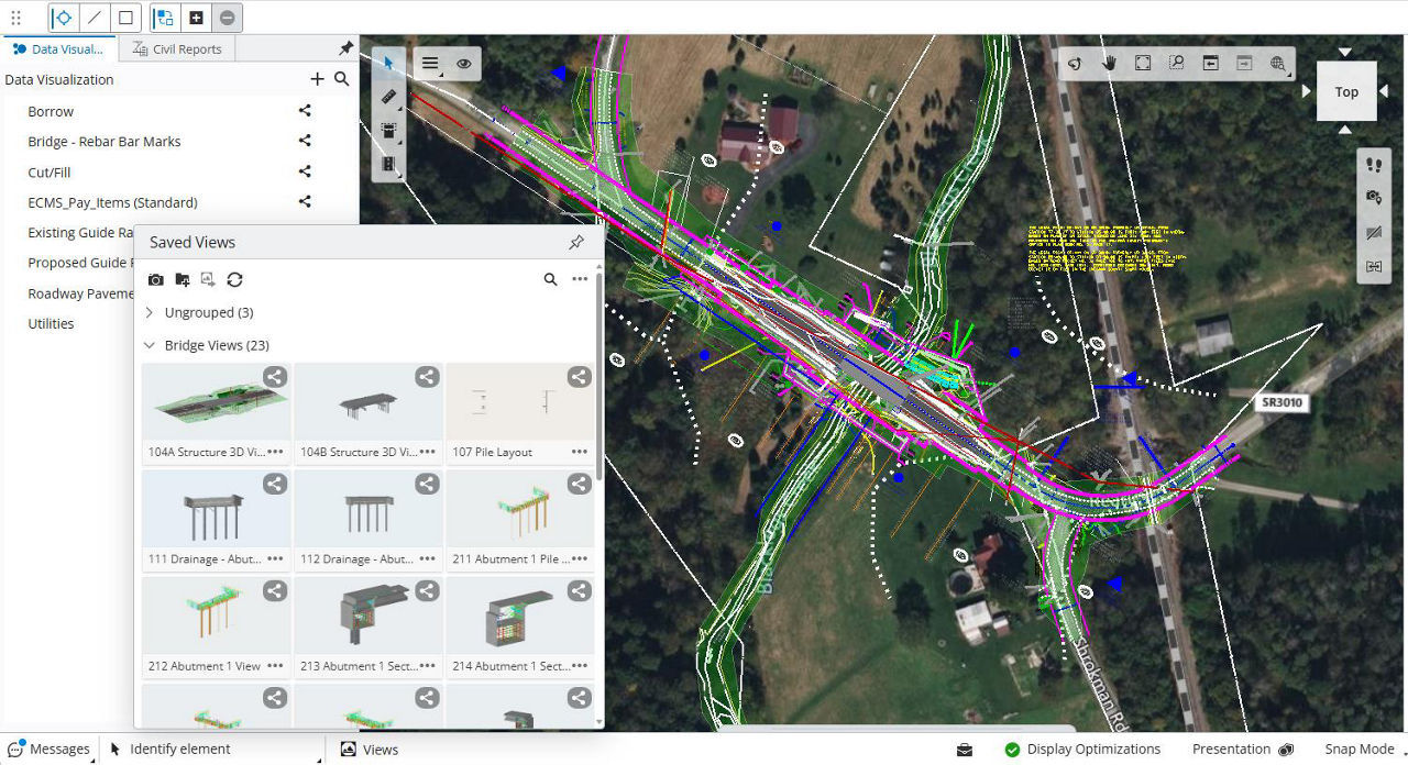 Aerial screenshot of the 3D model of the bridge at the bridge location, showing the various layers of the 3D model.