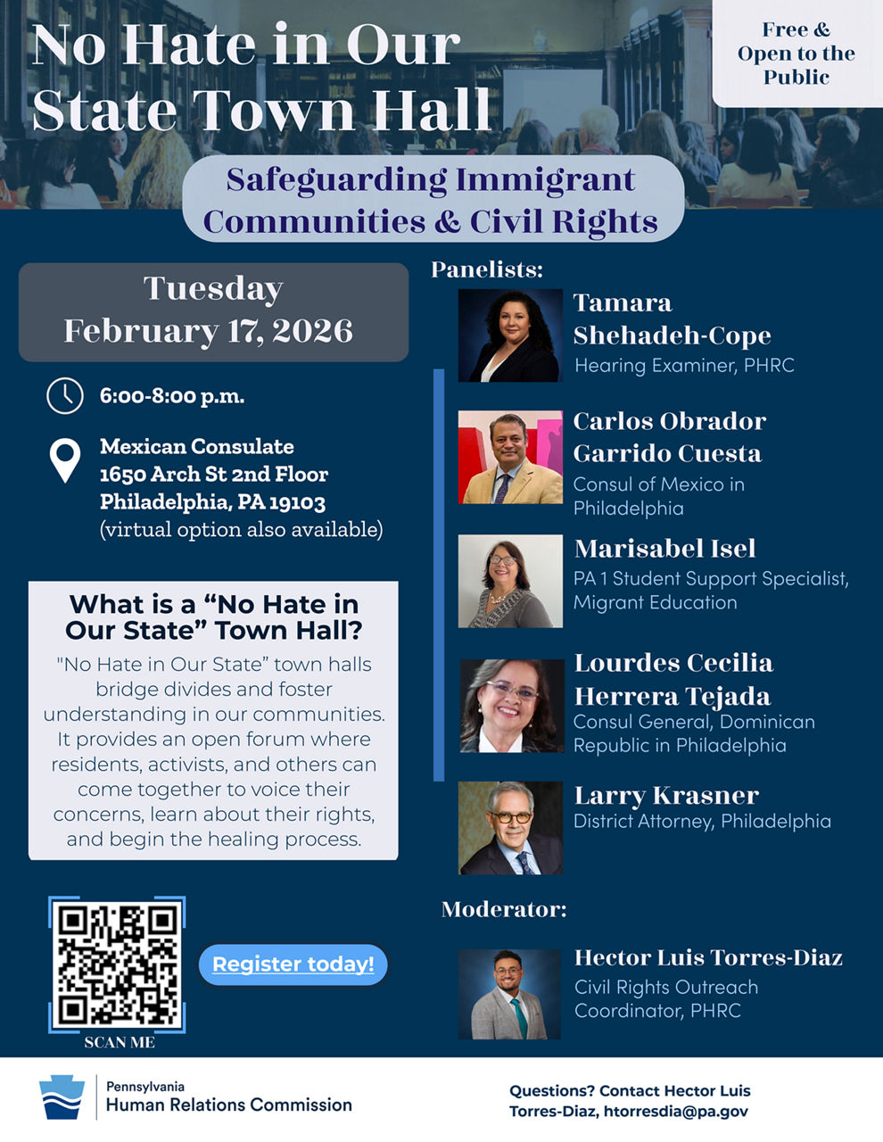 Flyer for PHRC No Hate in Our State Town Hall-Safeguarding Immigrant Communities & Civil Rights