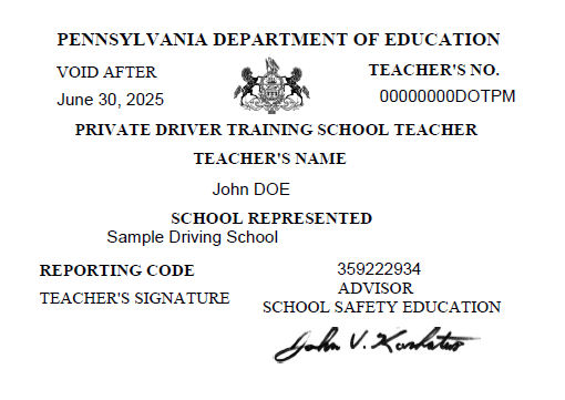Sample Driving School Instructor License