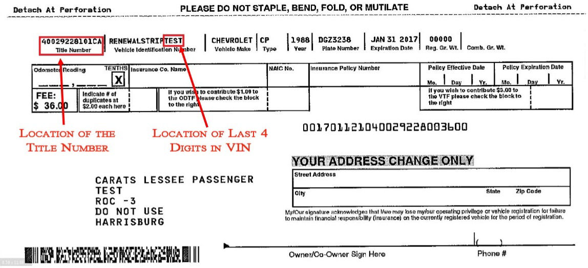 Sample Invitation to Renew with red boxes and text calling out the location of the title number and last 4 digits of VIN