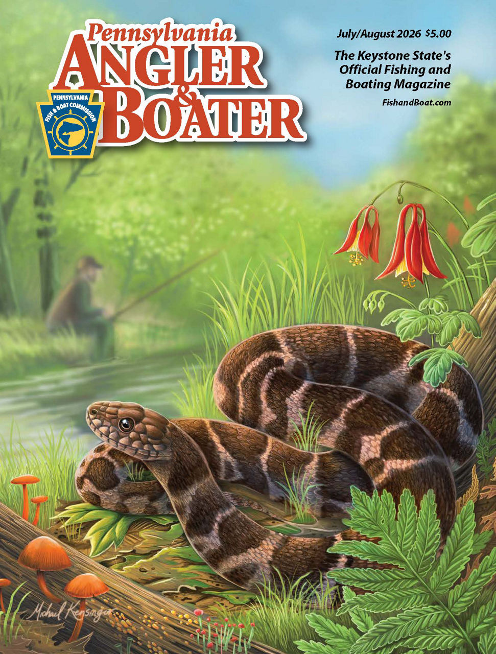 Cover art of July/August 2026 Angler & Boater magazine featuring an illustration of a Northern Watersnake by Michael Kensinger 