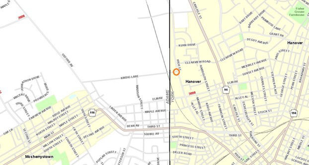Location of Kindig Lane-High Street intersection in Hanover Borough.