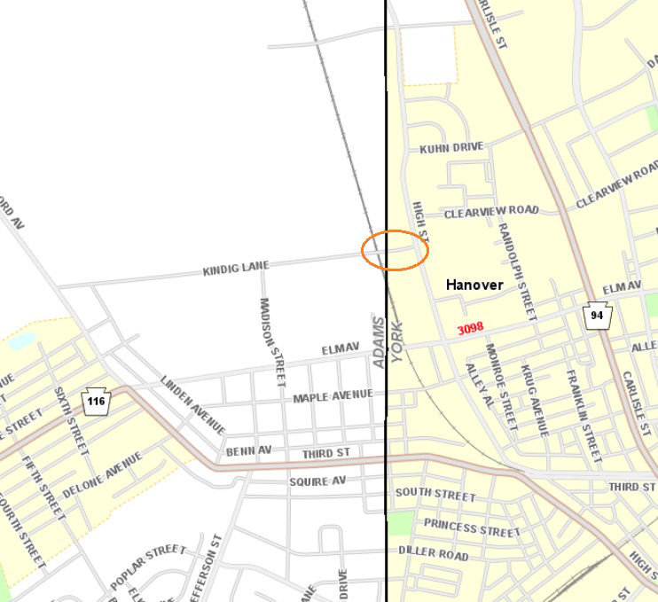 Location of traffic signal project at Kindig Lane and High Street in York County.