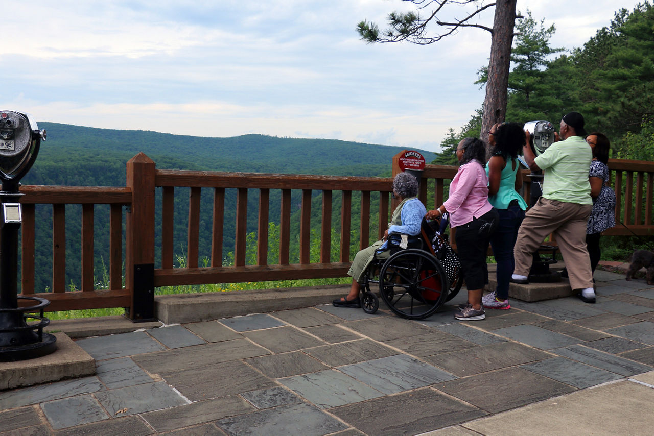 A family including an older lady in a wheelchair on a stone patio looking over the wooden railing at the Pennsylvania Grand Canyon