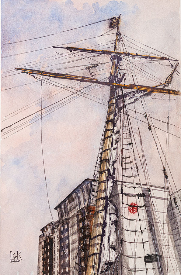 mast of a tall ship with building in background