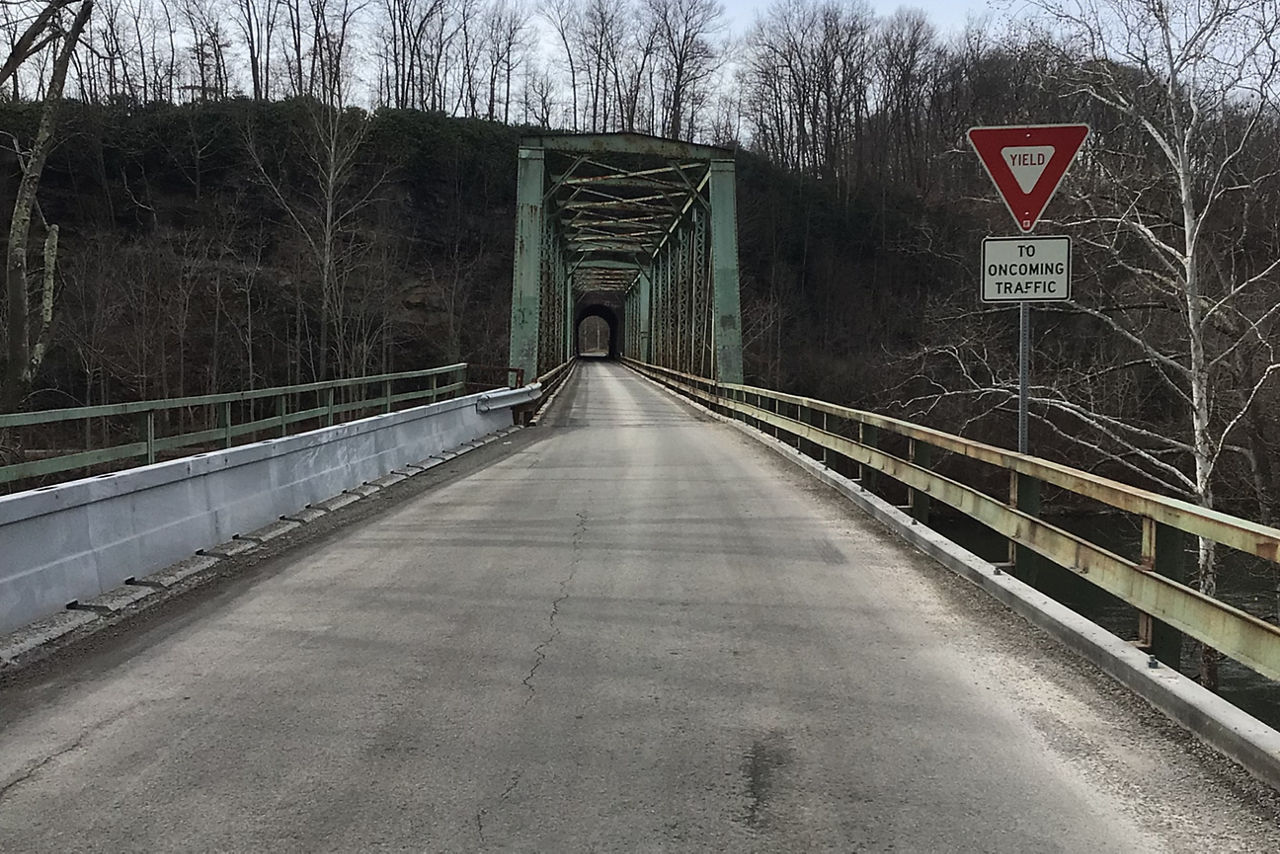 Image of Layton Bridge from street view, as though you are about to drive over the bridge in a vehicle.