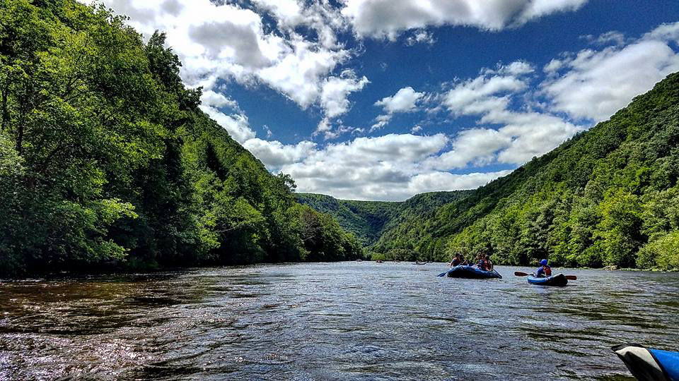 Boaters paddling down a river surrounded by lush green forest with a brilliant blue sky filled with white clouds