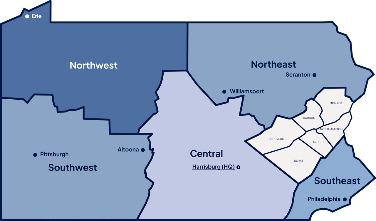 A map of Pennsylvania split into six regions. The Lehigh Valley region is highlighted and separated, and its counties are indicated on the map.