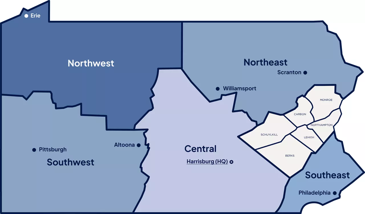 A map of Pennsylvania split into six regions. The Lehigh Valley region is highlighted and separated, and its counties are indicated on the map.