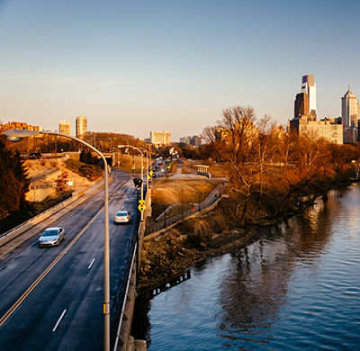 View of the Benjamin Franklin Parkway and Skyline in Philadelphia, Pennsylvania. 