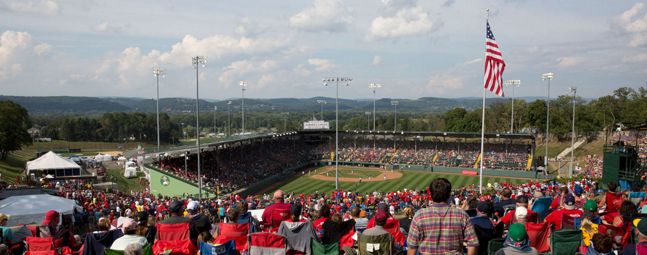 A crowd and the playing field at the Little League World Series, Howard J. Lamade stadium, South Williamsport