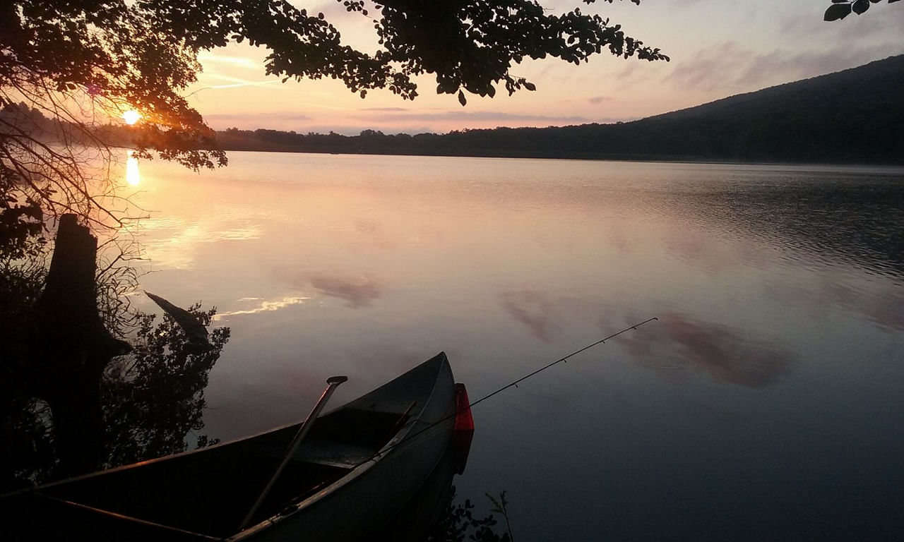 A canoe sits on shore under a tree while the run rise turns the water pink and lavender