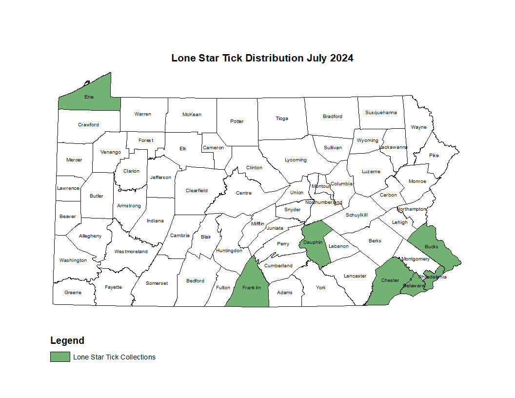 2024 Map showing distribution of Lonestar tick in PA