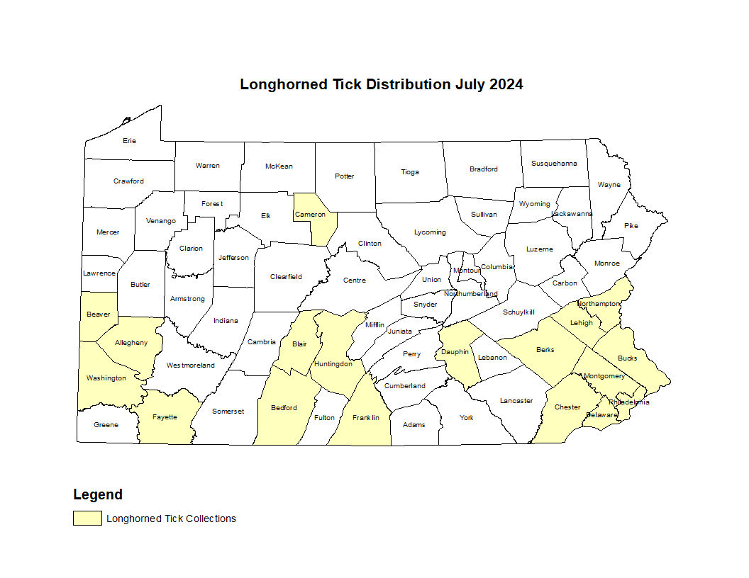 2024 Map showing distribution of Asian Longhorned Tick in PA