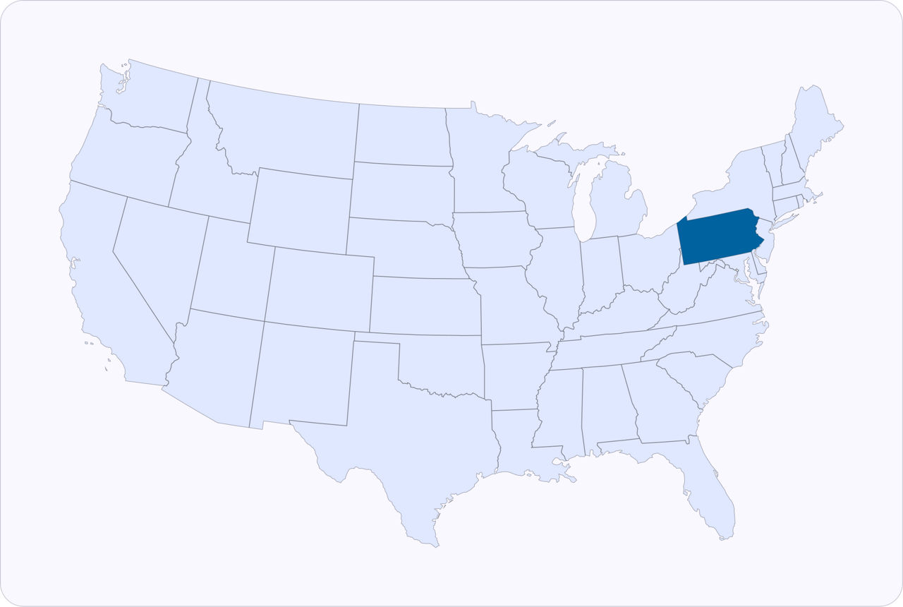 Map of the United States highlighting Pennsylvania's position on the map