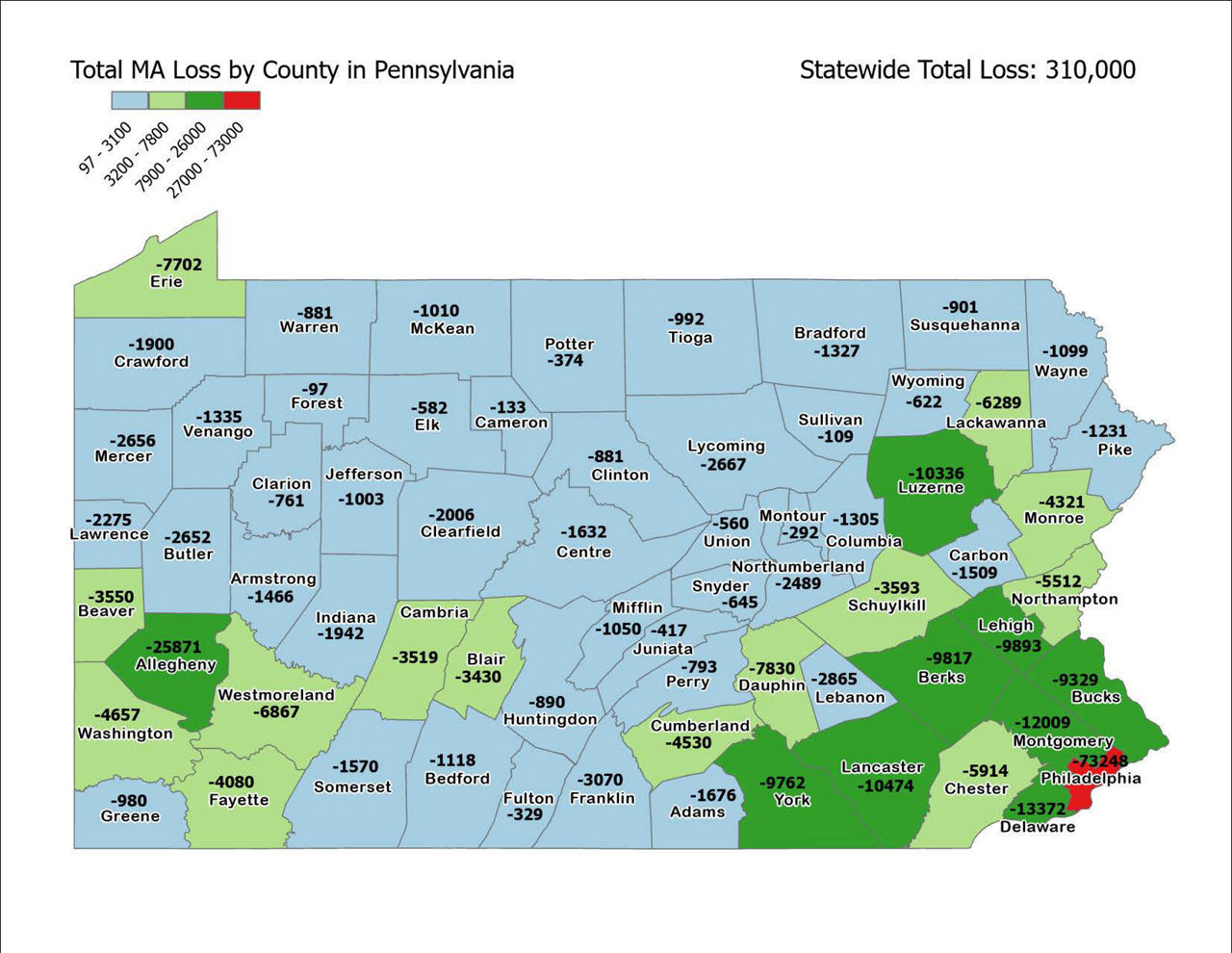 Map of PA counties with total loss of Medicaid coverage.