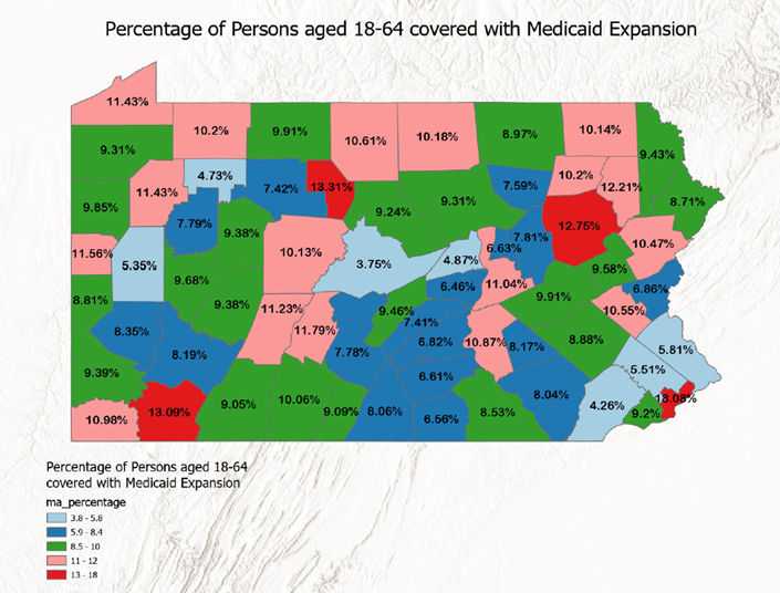 Data in table below for this map of PA with the percentage of persons aged 18-64 covered with Medicaid Expansion.