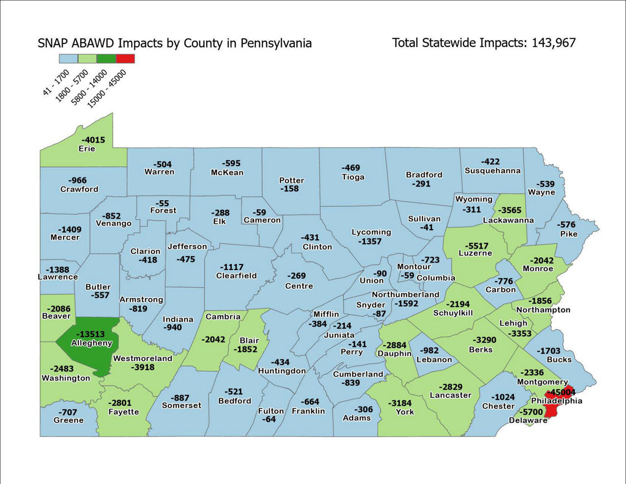 Map of PA counties with total loss of SNAP.