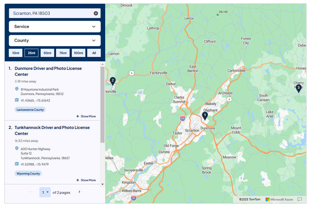 DMV's Find a Location Search Hub, with facets closed and unselected, and "Scranton, PA 18503" as the address.