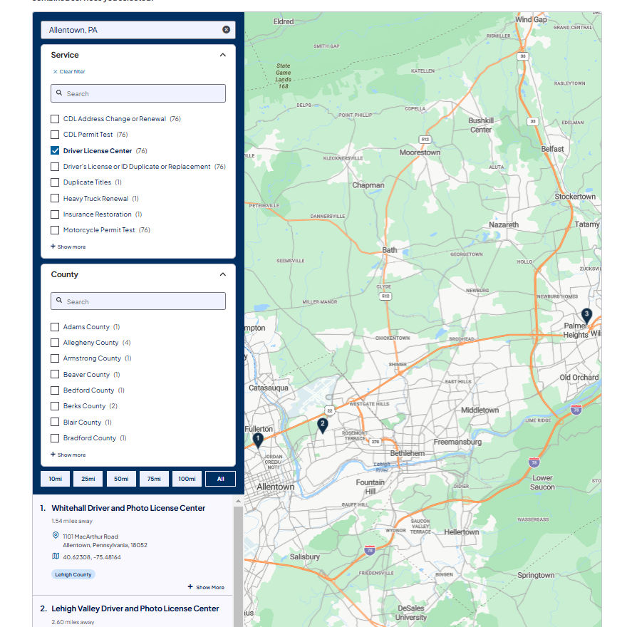 DMV's Find a Location Search Hub, with Driver's License Center facet selected, and "Allentown PA" as the address.