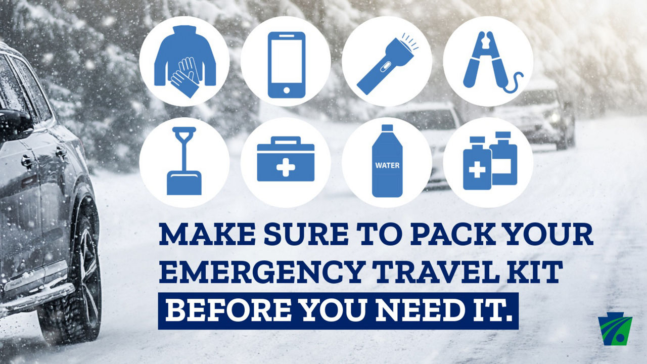 Collage of emergency equipment with the caption, "Make sure to pack your emergency travel kit before you need it."