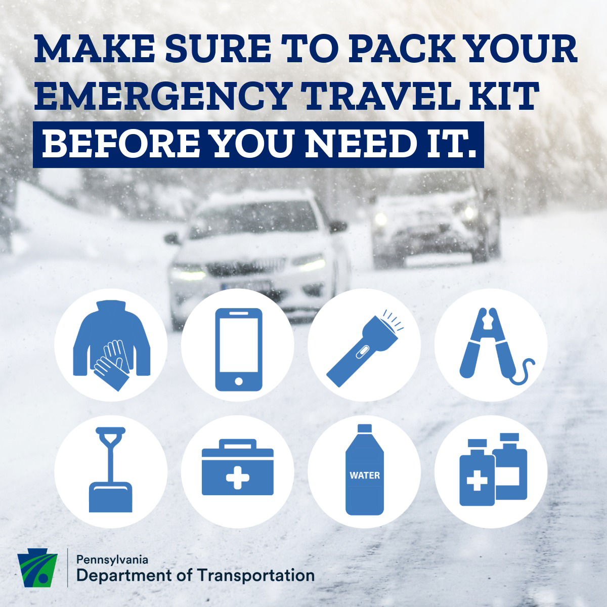 Collage of emergency equipment with the caption, "Make sure to pack your emergency travel kit before you need it."