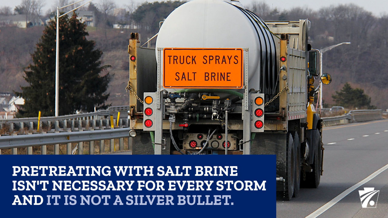 Photo of a salt truck with an orange sign reading, "Truck sprays salt brine." The caption reads, "Pretreating with salt brine isn't necessary for every storm, and it is not a silver bullet."