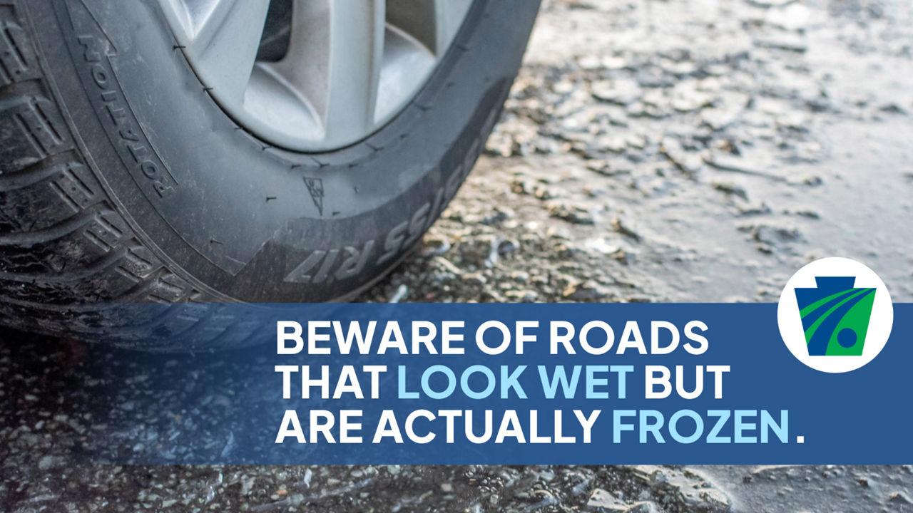 Photo of a tire with the caption, "Beware of roads that look wet but are actually frozen."