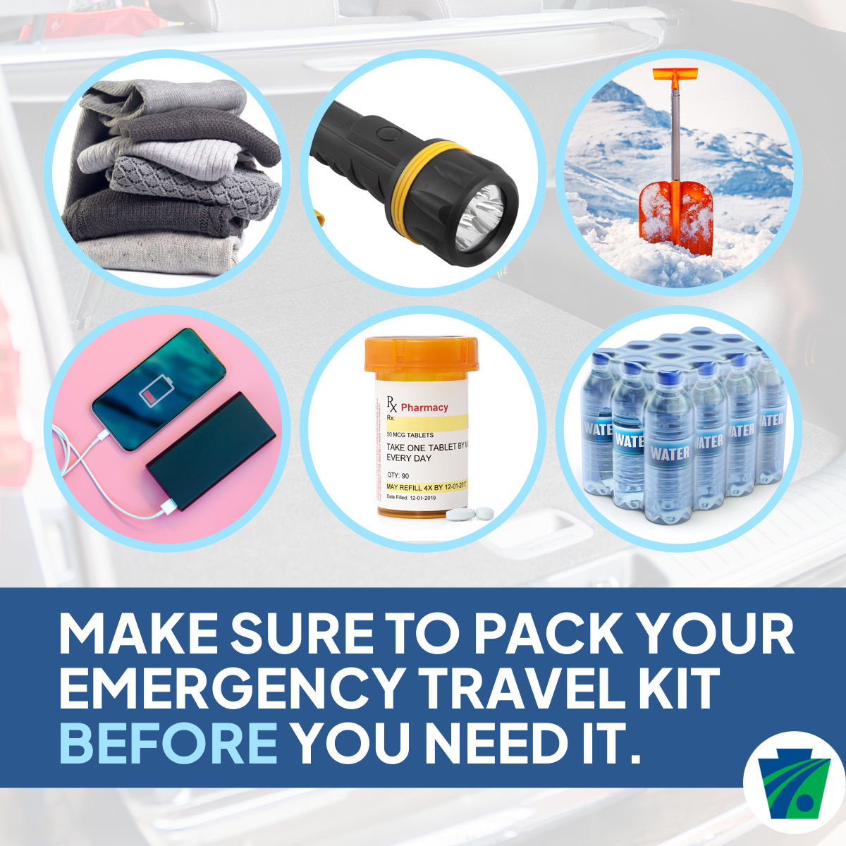 Collage of emergency equipment with the caption, "Make sure to pack your emergency travel kit before you need it."