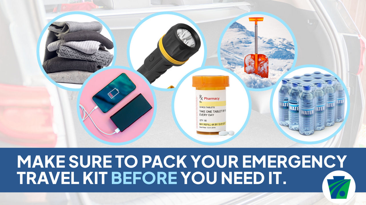 Collage of emergency equipment with the caption, "Make sure to pack your emergency travel kit before you need it."