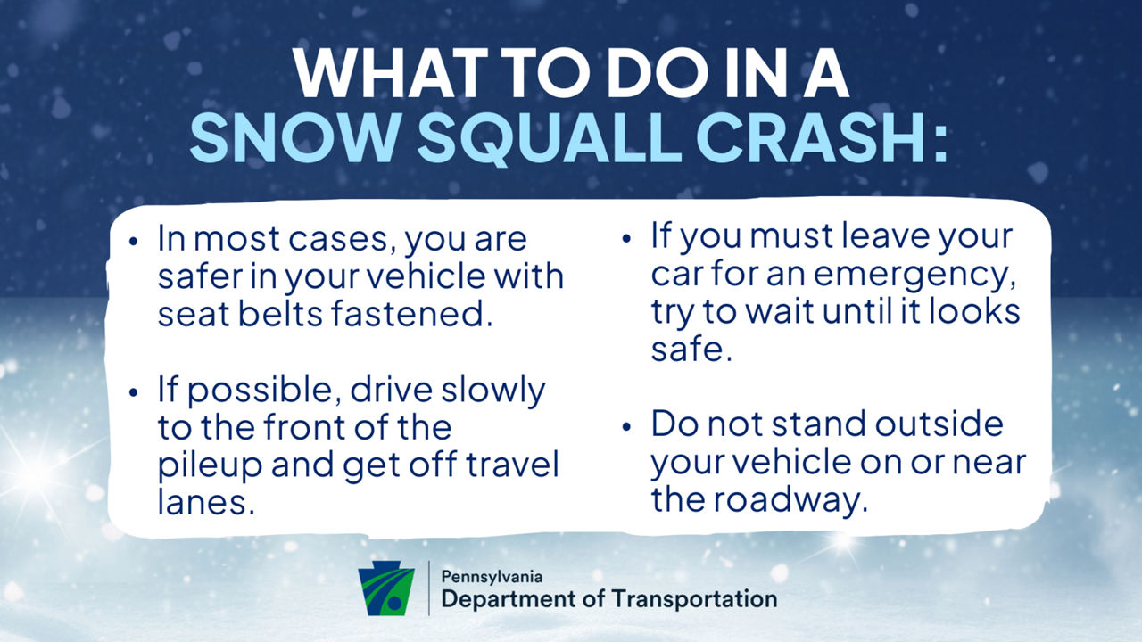 Graphic of snow on a blue background with tips on what to do in a snow squall crash