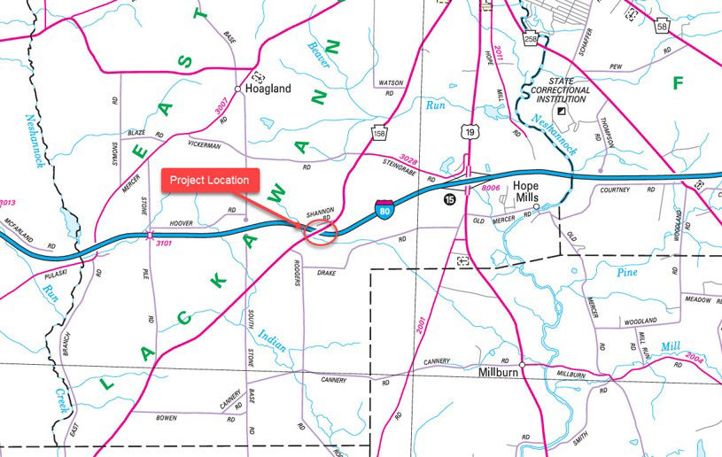 Map showing the location of the pipe on the Route 158 bridge
