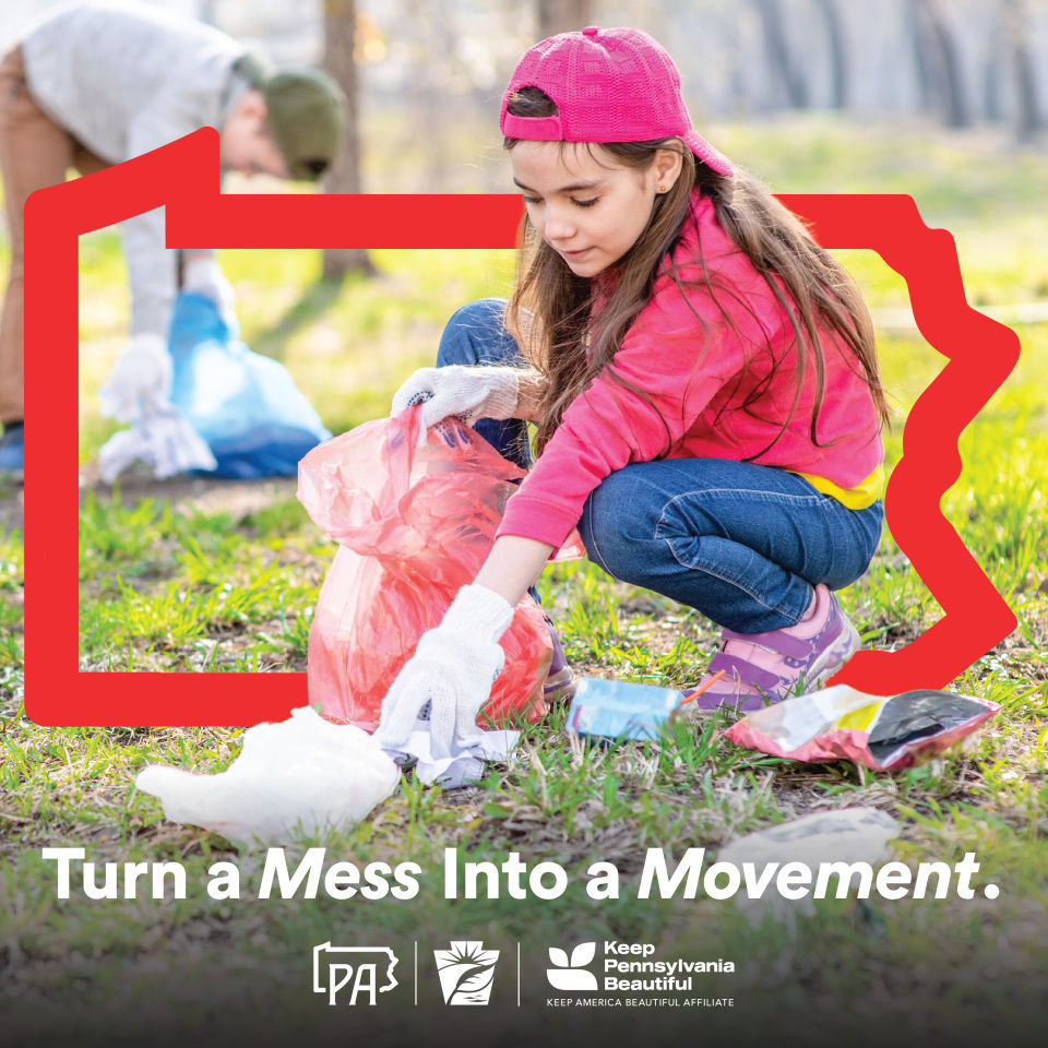 Child picking up litter from the ground. Title: Turn a mess into a movement.