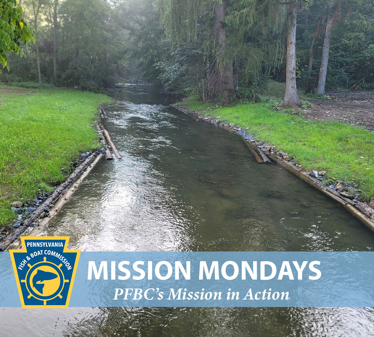 Spruce Creek with streambank restoration and habitat improvement with the PFBC logo and "Mission Mondays:  PFBC's Mission in Action" text shown.