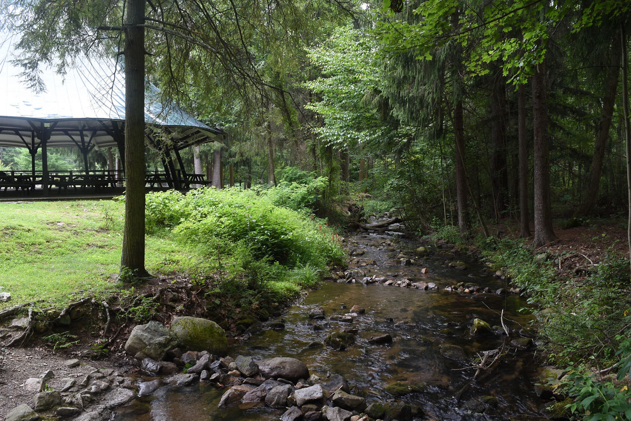 A pavilion along a small rocky stream