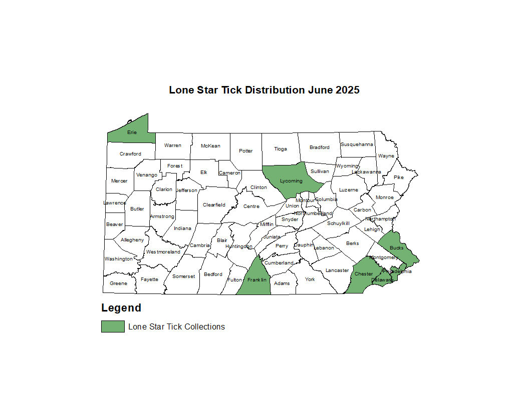 2025 Map Showing Distribution of Lonestar Tick in PA