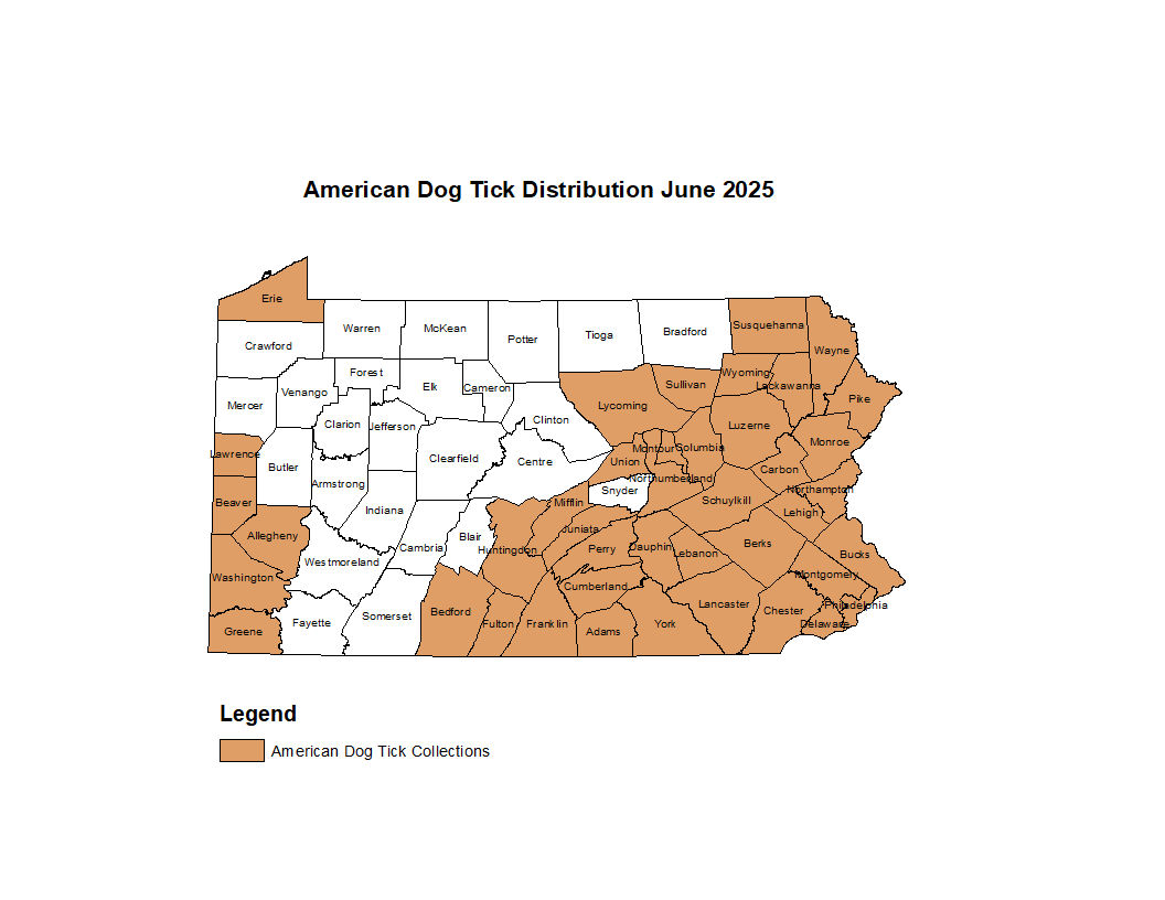 2025 Map Showing Distribution of American Dog Tick in PA