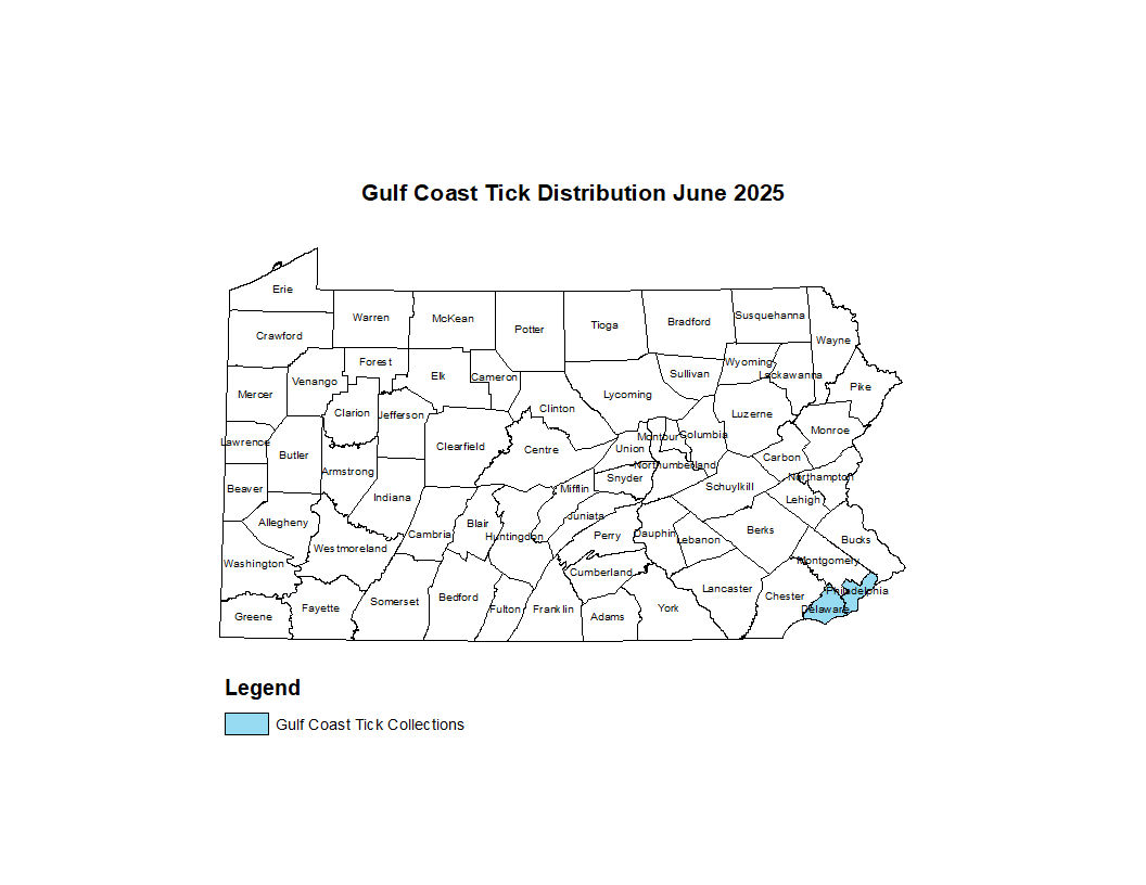 2025 Map Showing Distribution of Gulf Coast Tick in PA