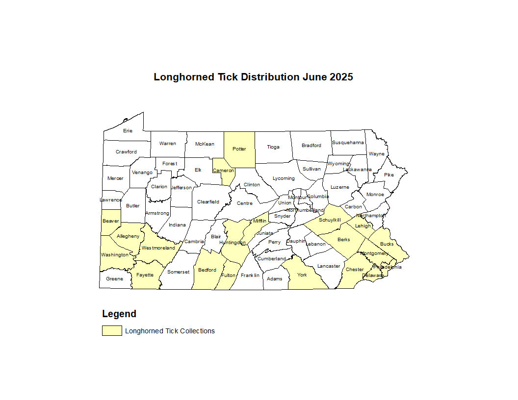 2024 Map Showing Distribution of Asian Longhorned Tick in PA