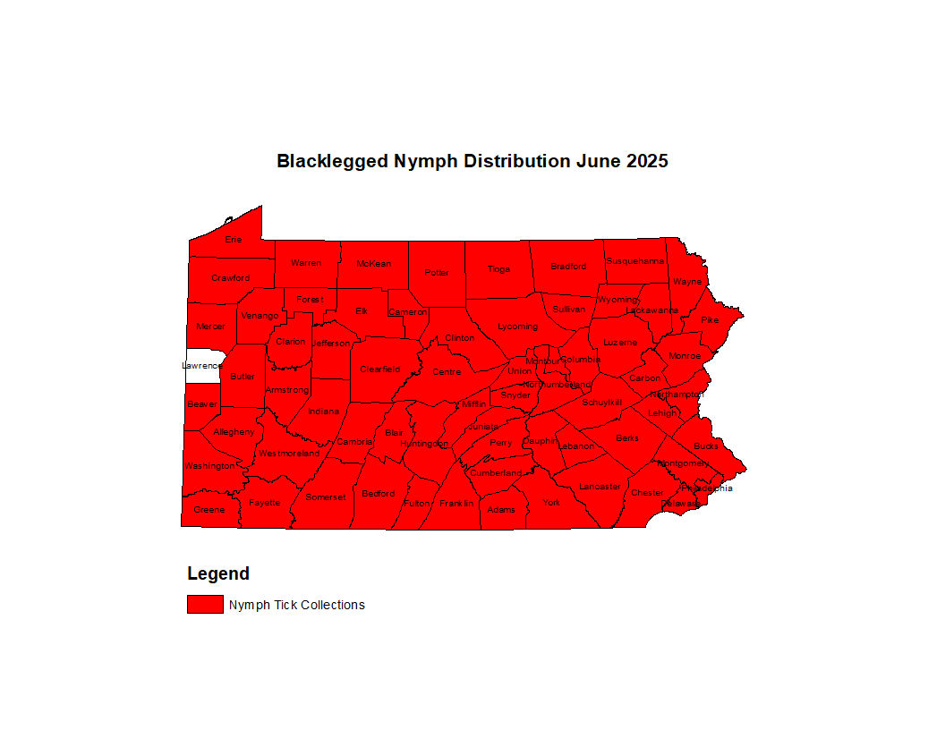 2025 Map Showing Distribution of Blacklegged Tick in PA