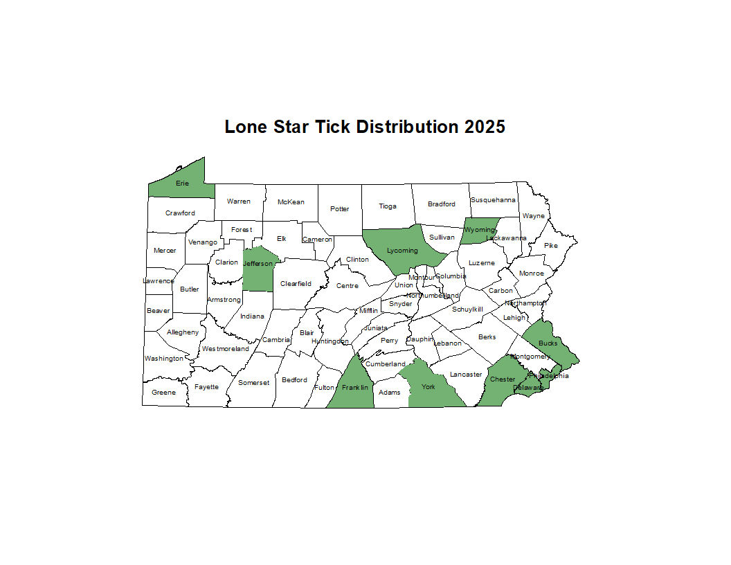 2025 Map Showing Distribution of Lonestar Tick in PA