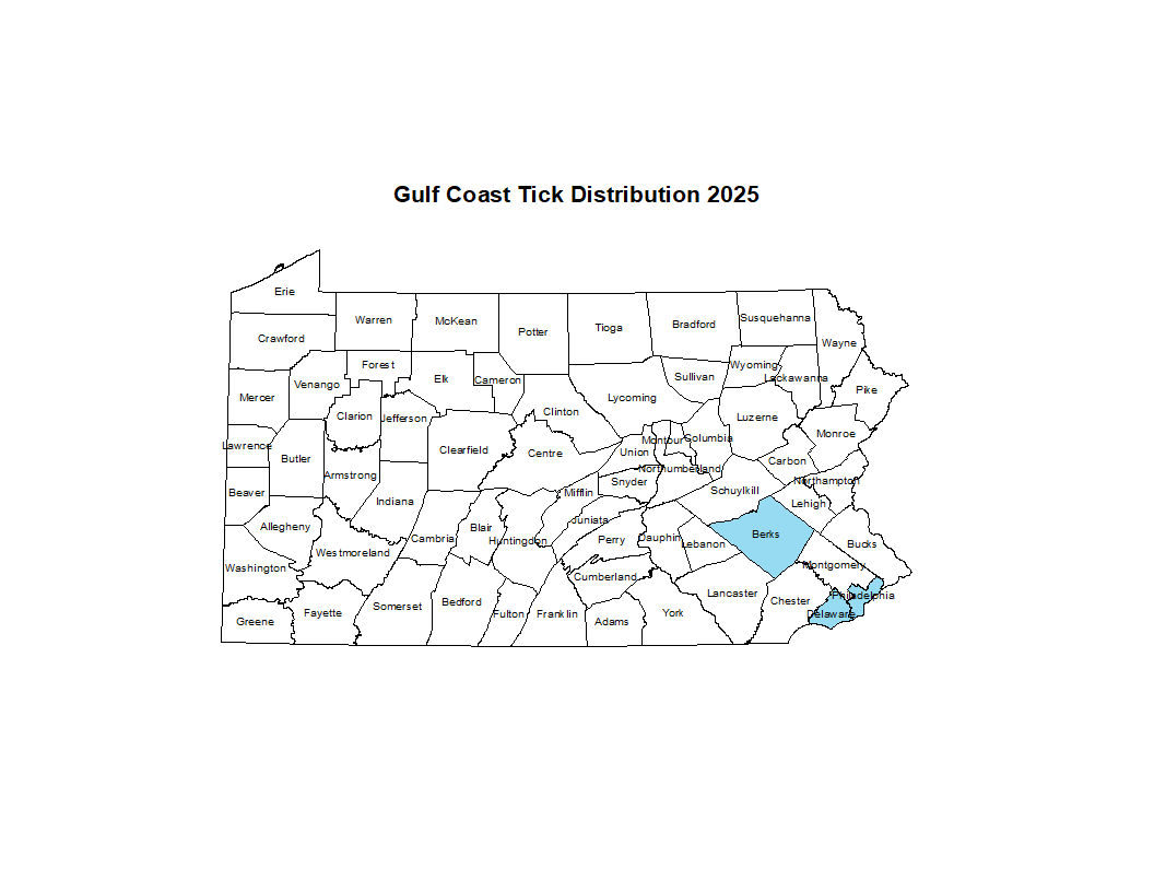 2025 Map Showing Distribution of Gulf Coast Tick in PA