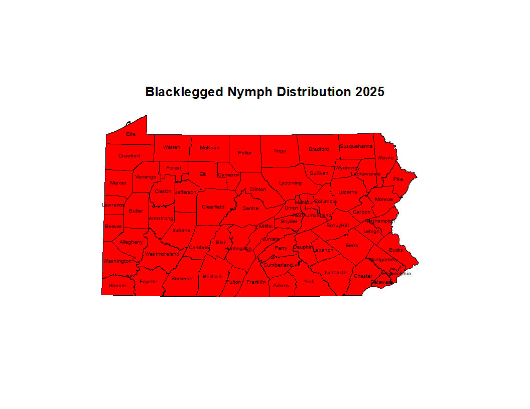 2025 Map Showing Distribution of Blacklegged Tick in PA