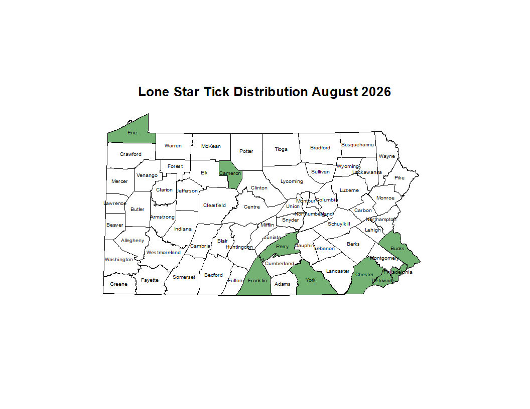 2026 Map Showing Distribution of Lonestar Tick in PA