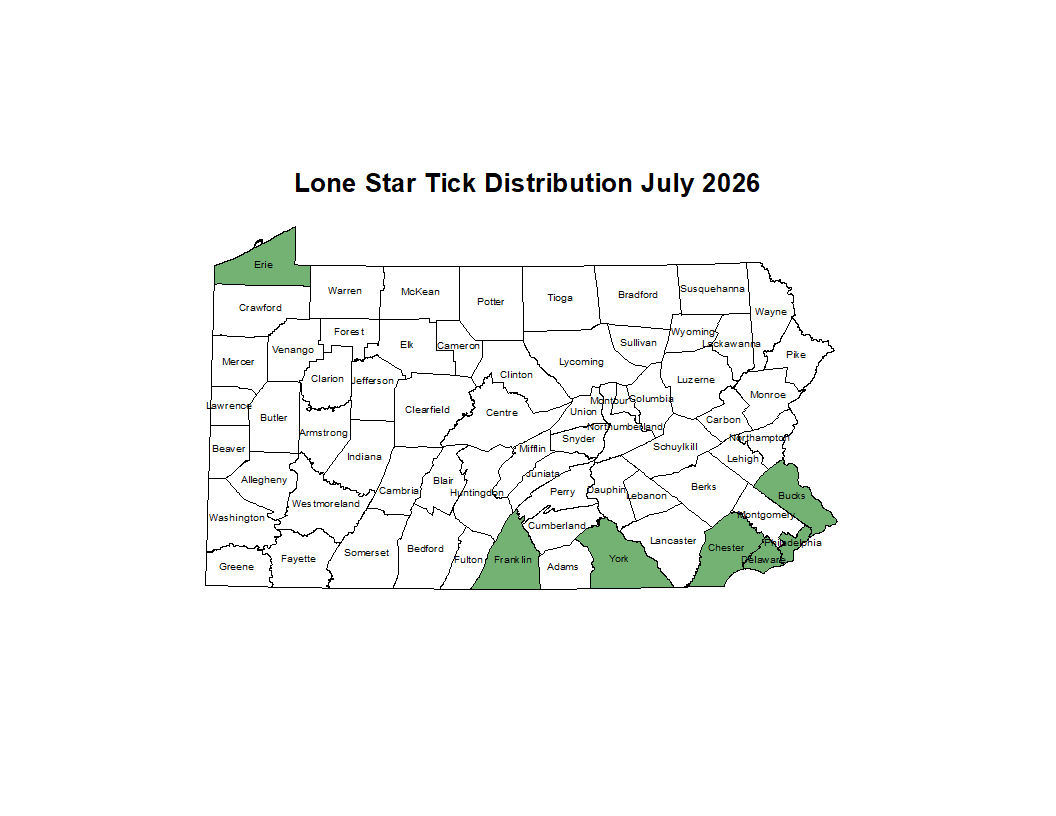 2025 Map Showing Distribution of Lonestar Tick in PA